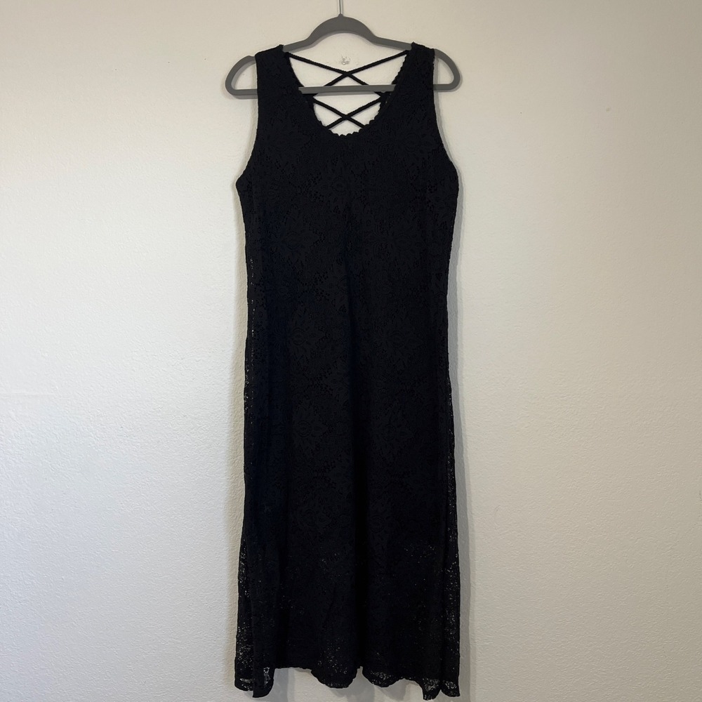 Bella Amore Black Lace Midi Dress Boho Cottagecore Goth Crisscross Back S/M